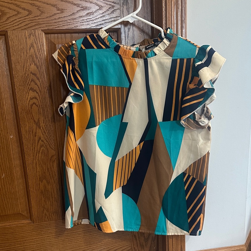 SHEIN Teal Brown Cream Geometric Ruffle Sleeve Blouse